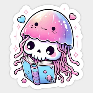 Kawaii Skeleton In a Jellyfish Costume Reading Book Sticker